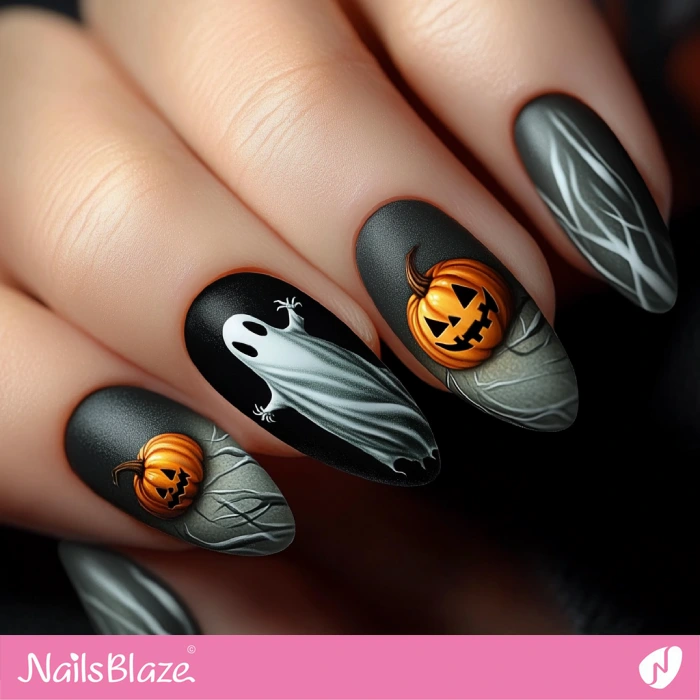 Gray Nails Ghost and Pumpkin Design | Halloween Ghost Nails - NB5940