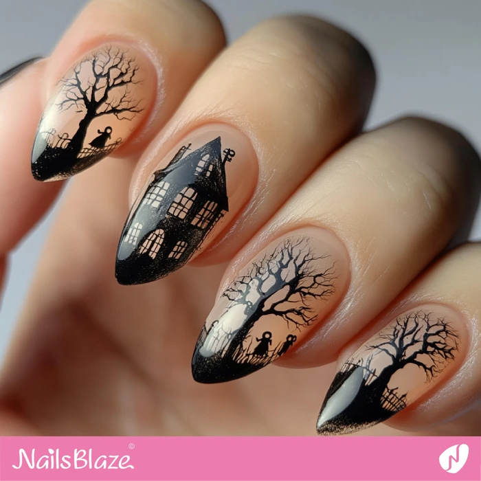 Nude Nails Ghost House Design | Halloween Haunted House Nails - NB5975