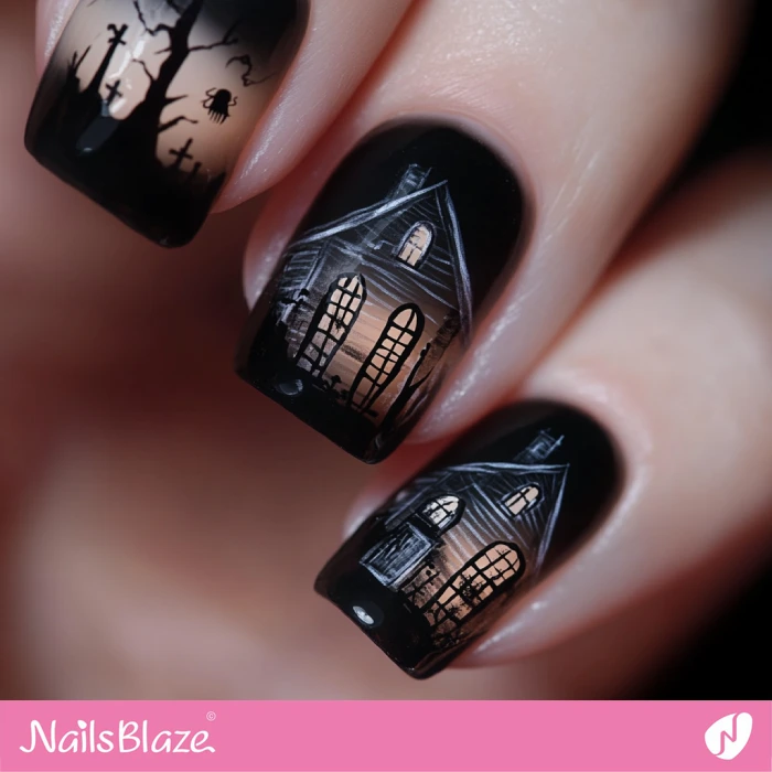 Short Ghost House Nails | Halloween Haunted House Nails - NB5976