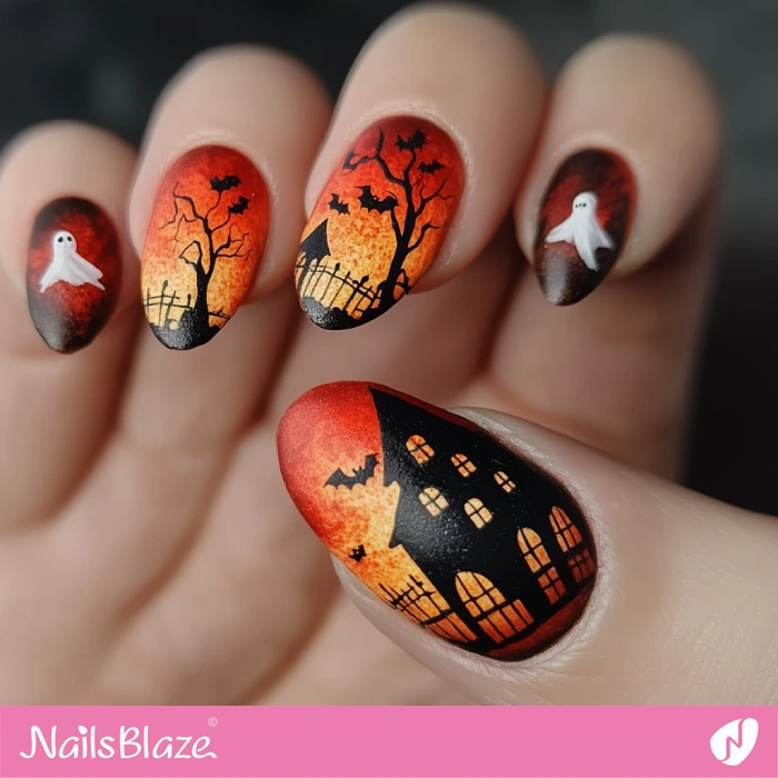 Halloween Yard Nails Design | Halloween Haunted House Nails - NB5977