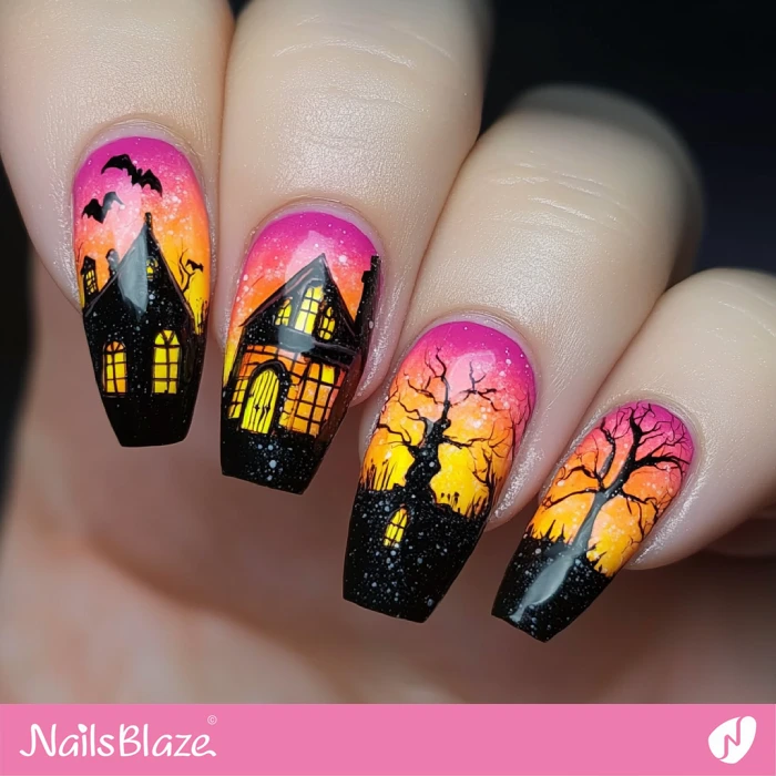 Scary Trees and Ghost House Nails Design | Halloween Haunted House Nails - NB5978