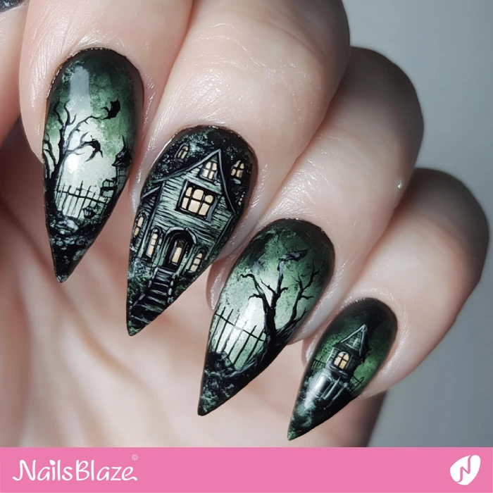 Green and Black Haunted House Nails | Halloween Haunted House Nails - NB5979