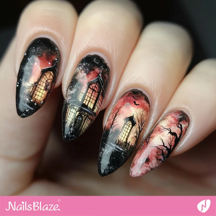 Watercolor Haunted House Nails | Halloween Haunted House Nails - NB5980