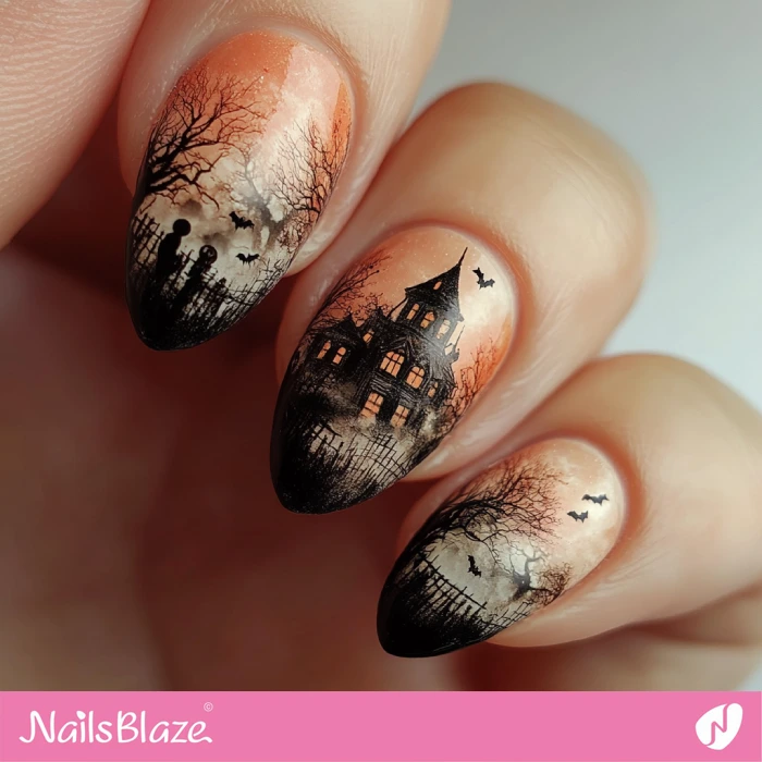 Retro Style Haunted House Nails | Halloween Haunted House Nails - NB5981