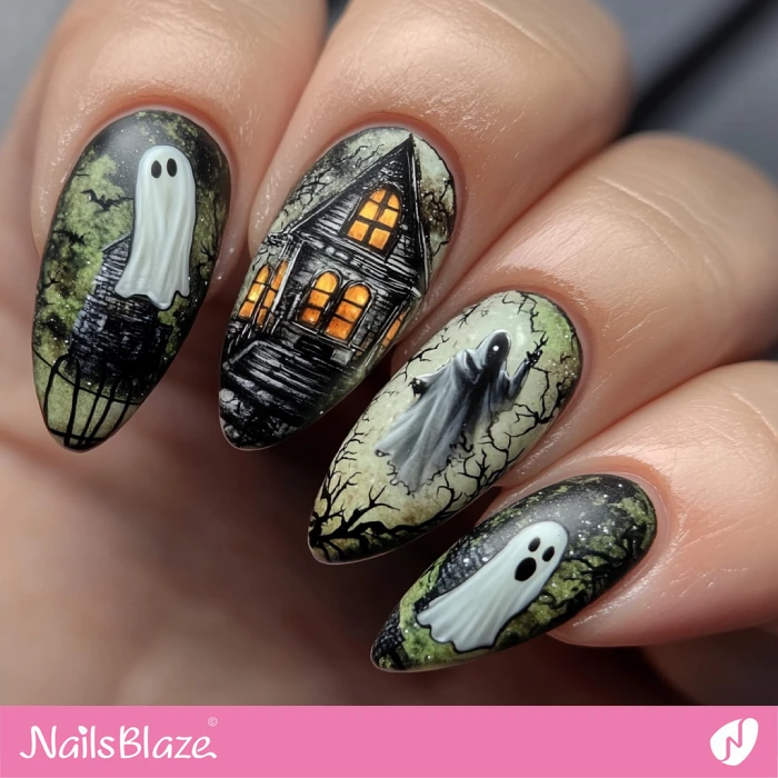 Matte Ghost House Nails | Halloween Haunted House Nails - NB5982