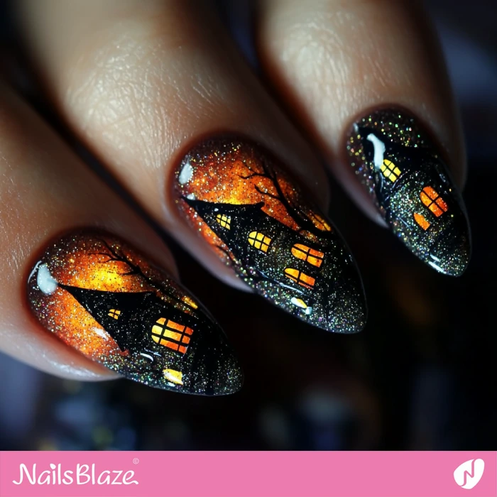 Haunted House Nails with Glitter | Halloween Haunted House Nails - NB5983