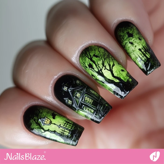 Green Nails Scary House Design | Halloween Haunted House Nails - NB5984