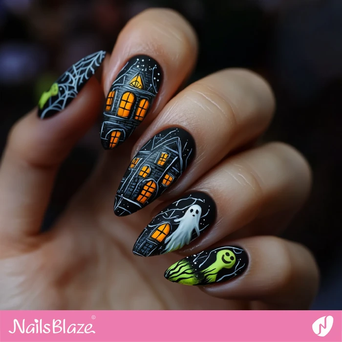 Halloween Nails with Haunted House Design | Halloween Haunted House Nails - NB5966