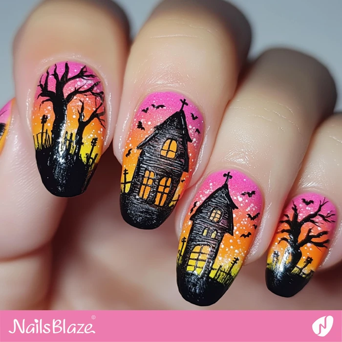 Gradient Nails Haunted House Design | Halloween Haunted House Nails - NB5967