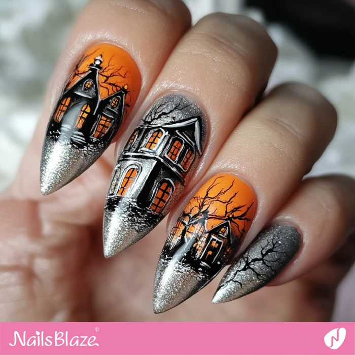 Silver and Orange Spook House Nails | Halloween Haunted House Nails - NB5969