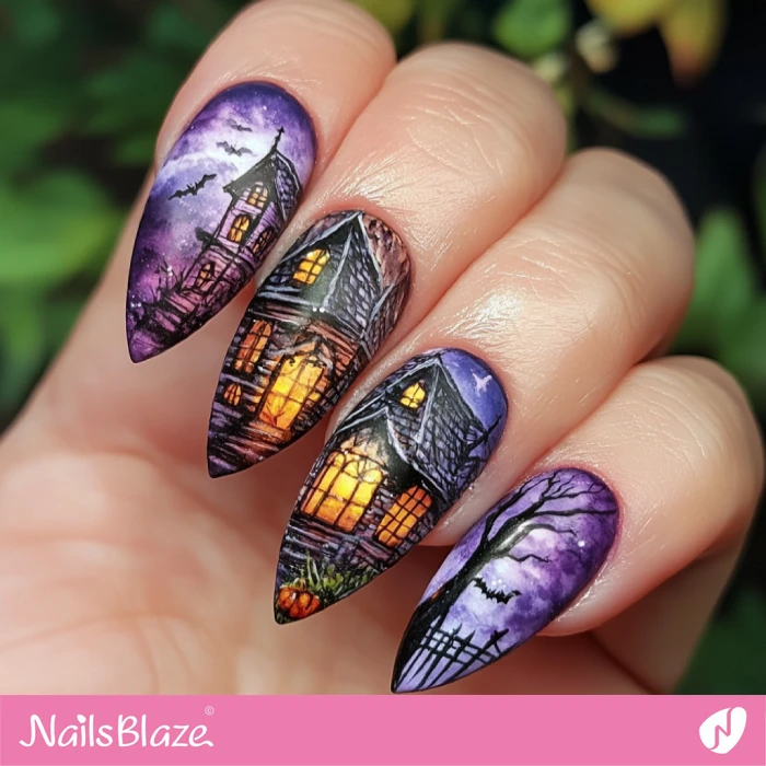 Purple Ghostly Home Nails | Halloween Haunted House Nails - NB5971