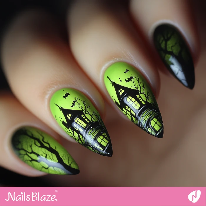 Dark House among Trees Nails Design | Halloween Haunted House Nails - NB5972