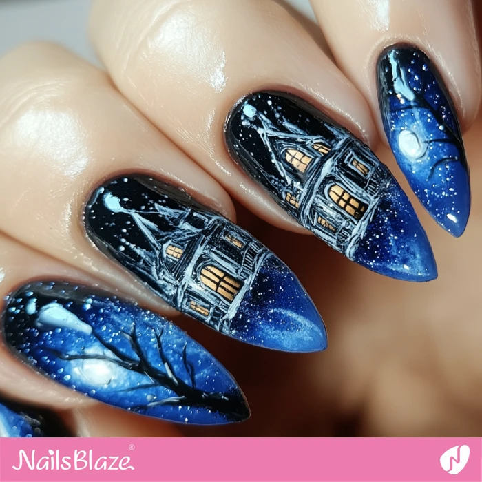 Spooky House at the Night Nails | Halloween Haunted House Nails - NB5974