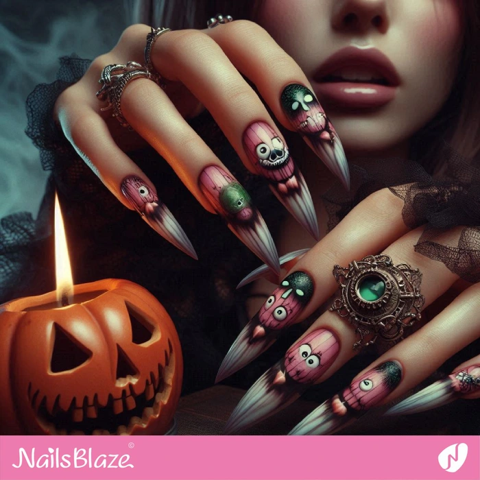 Halloween Pink Monster Nails Design | Halloween Monster Nails - NB5810