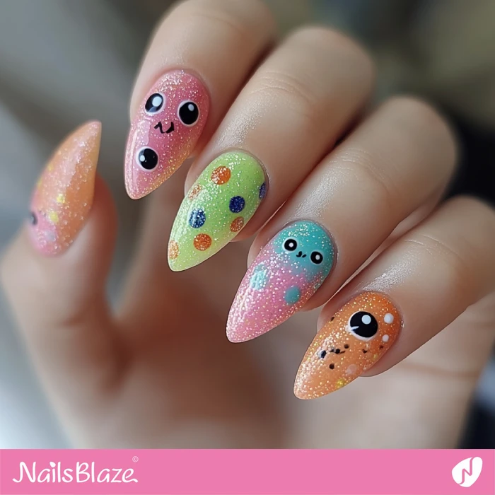 Colorful Monster Nails Design with Glitter | Halloween Monster Nails - NB5821