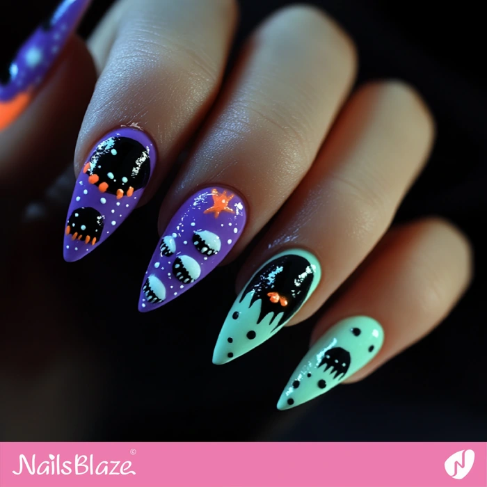 Halloween Pastel Neon Nails Monster Design | Halloween Monster Nails - NB5812