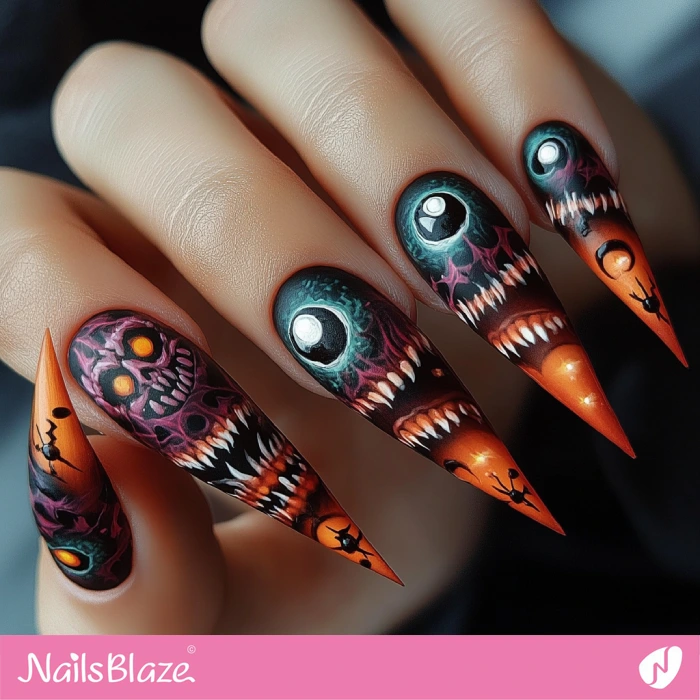 Stiletto Nails with Creepy Monsters | Halloween Monster Nails - NB5813