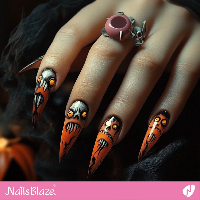 Orange X-long Nails Monster Design | Halloween Monster Nails - NB5816