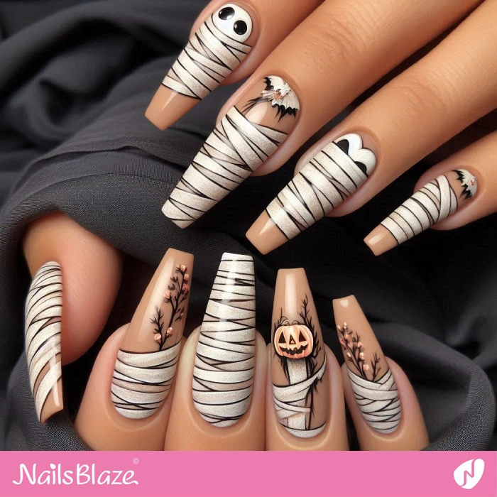 X-long Coffin Nails Mummy Design | Halloween Mummy Nails - NB5822