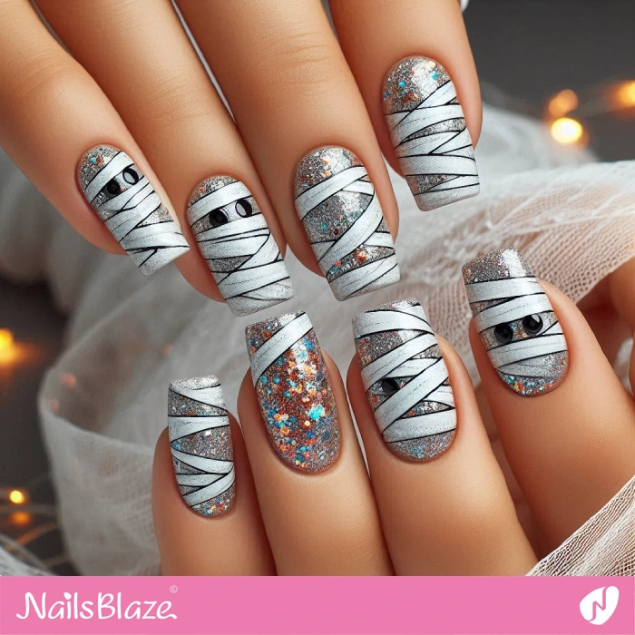 Embellished Square Nails Mummy Design | Halloween Mummy Nails - NB5824