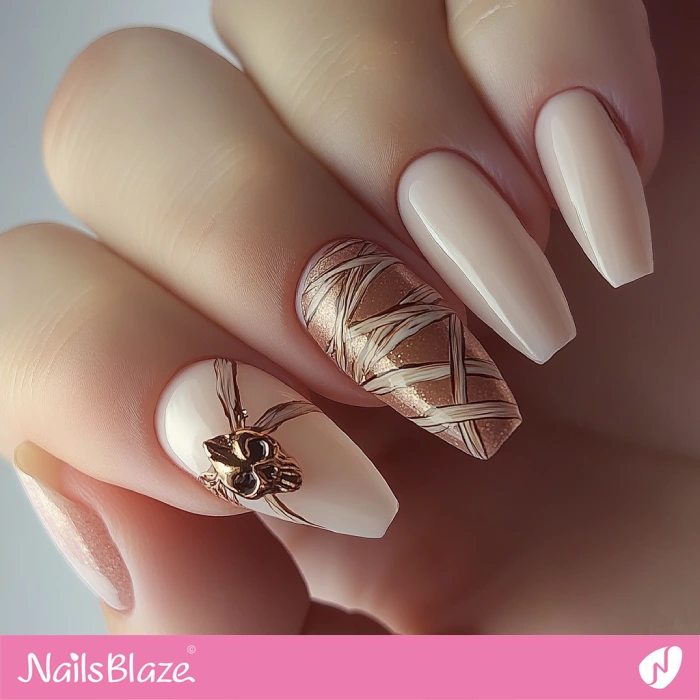 Neutral Nails with Chrome Mummy Design | Halloween Mummy Nails - NB5826