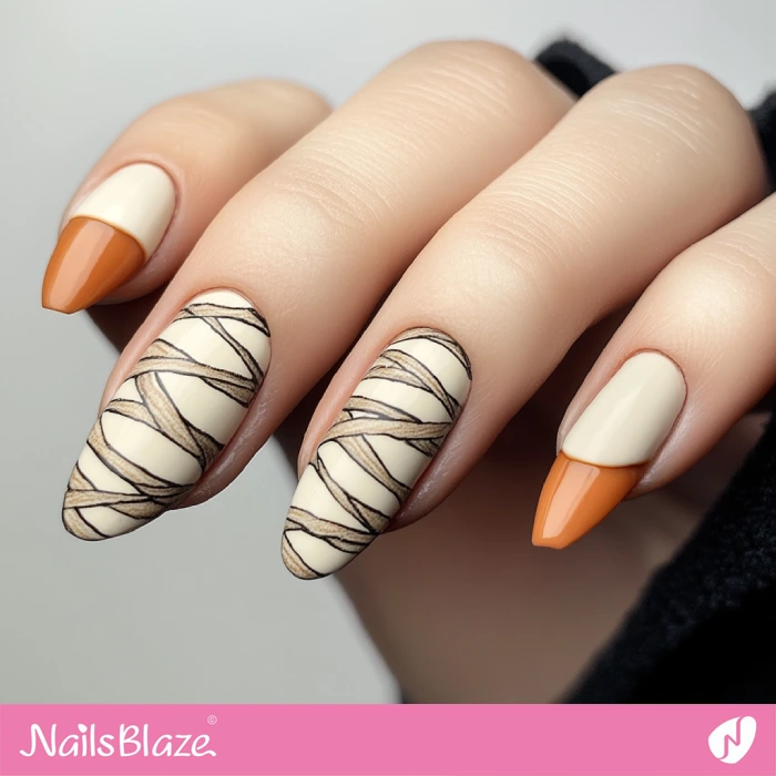 Nude and Orange Nails Mummy Design | Halloween Mummy Nails - NB5828