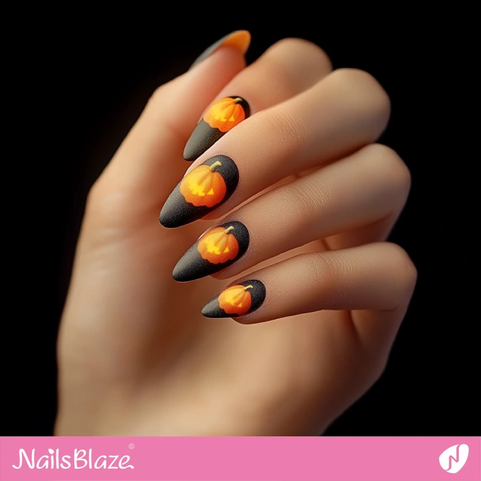 Matte Black Nails with Pumpkin | Halloween Pumpkin Nails - NB5830