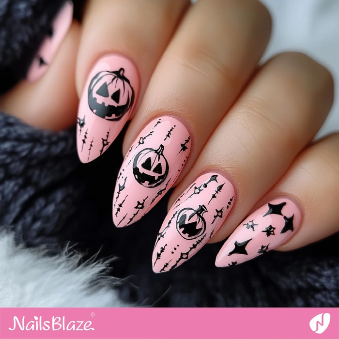 Pink Nails Black Pumpkin Design | Halloween Pumpkin Nails - NB5831