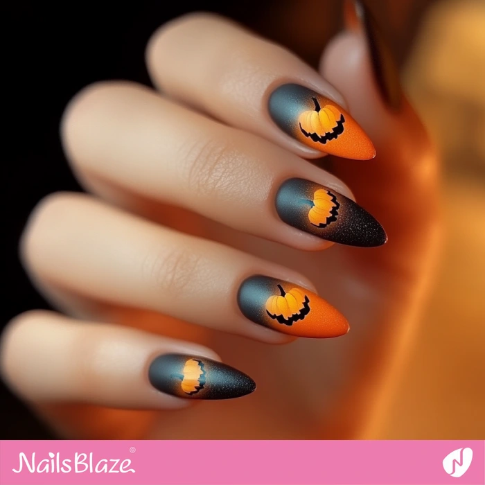 Pumpkin Design for Black and Orange Ombre Nails | Halloween Pumpkin Nails - NB5832