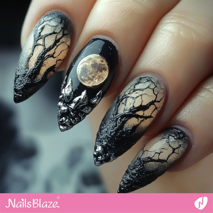 Moon and Scary Trees 3D Nails Design | Halloween Scary Tree Nails - NB5835