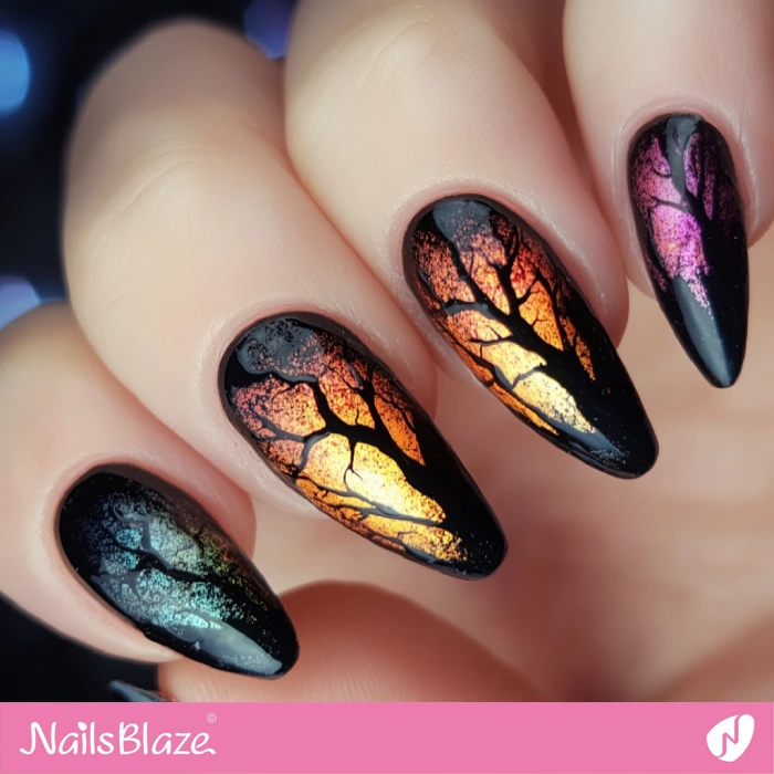 Gradient Nails with Scary Trees | Halloween Scary Tree Nails - NB5836