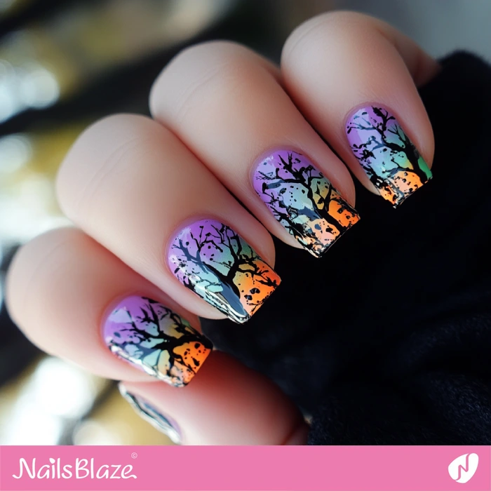 Scary Trees on Short Colorful Nails | Halloween Scary Tree Nails - NB5837