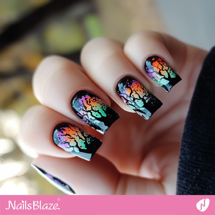 French Nails Scary Trees Design | Halloween Scary Tree Nails - NB5838