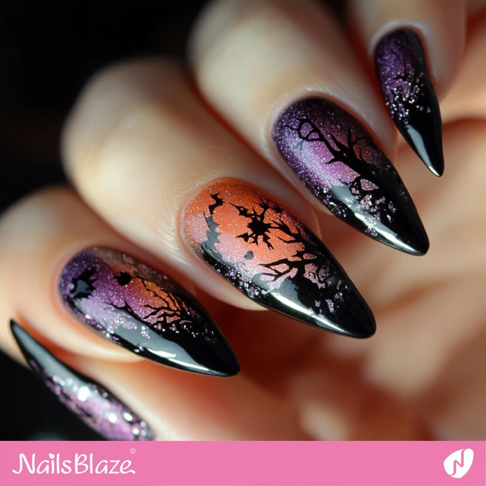 Scary Tree Nails Design with Glitter | Halloween Scary Tree Nails - NB5839