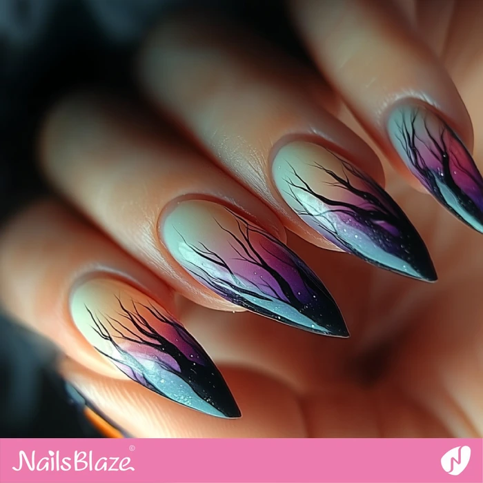 Scary Tree Design for Ombre Nails | Halloween Scary Tree Nails - NB5907