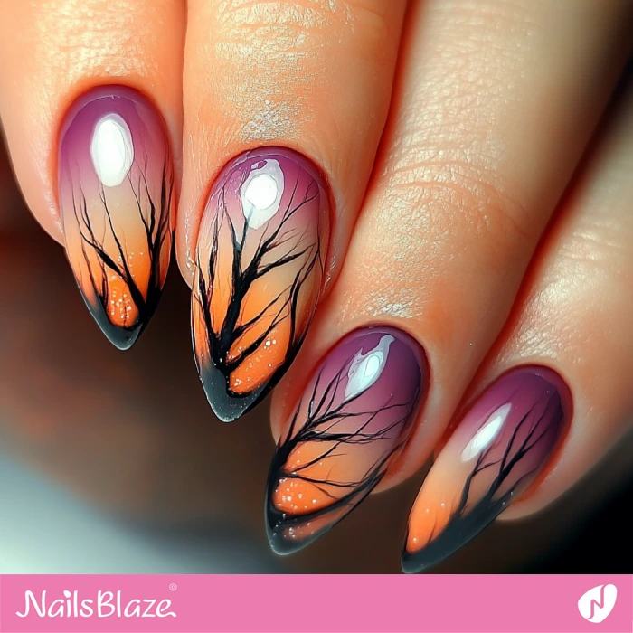 Purple and Orange Nails Scary Trees Design | Halloween Scary Tree Nails - NB5908