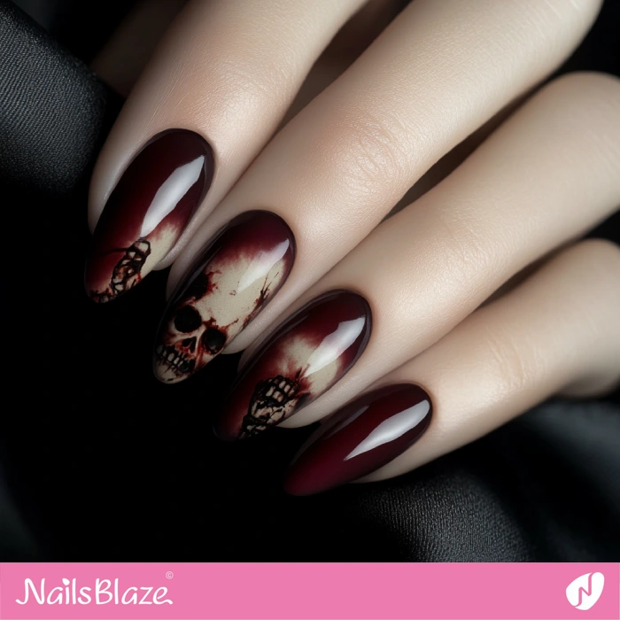 Bloody Red Skull Nails Design | Halloween Skeleton Nails - NB5840