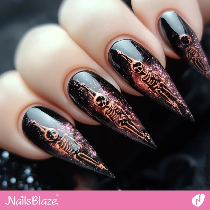 Skeleton Design Dark Nails | Halloween Skeleton Nails - NB5842