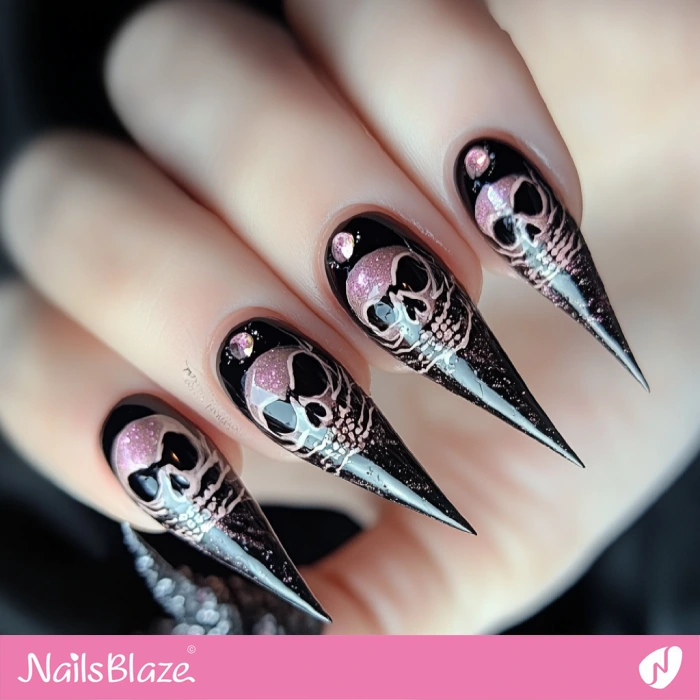 Creepy Skeleton Design for Stiletto Nails | Halloween Skeleton Nails - NB5843