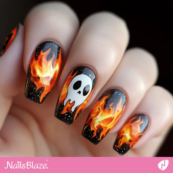 Fire Nails Design with Skull Accent | Halloween Skeleton Nails - NB5846