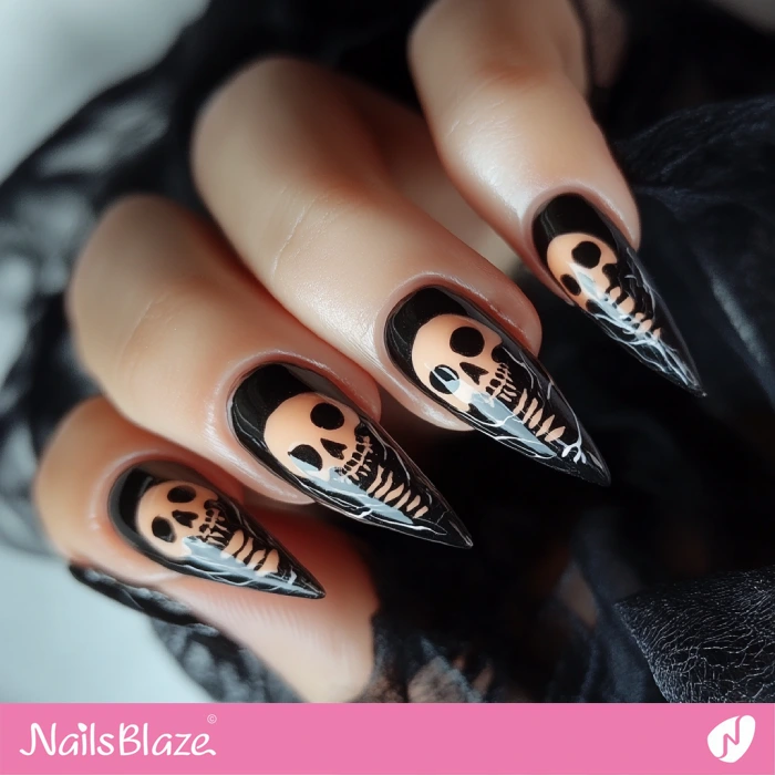 Simple Skeleton Design for Black Nails | Halloween Skeleton Nails - NB5847