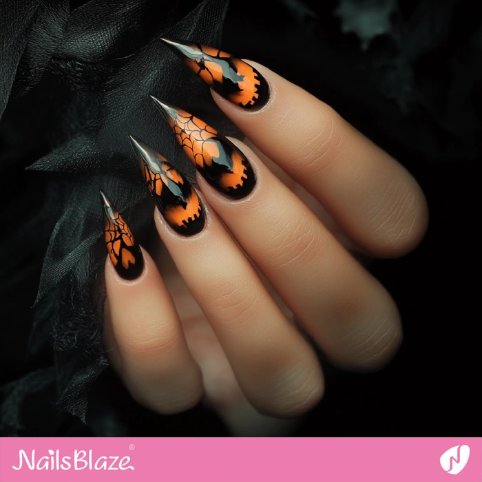 Black and Orange Halloween Spider Web Nails | Halloween Spider Nails - NB5853