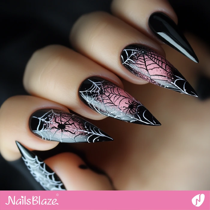 Black and Pink Stiletto Nails with Spider | Halloween Spider Nails - NB5854