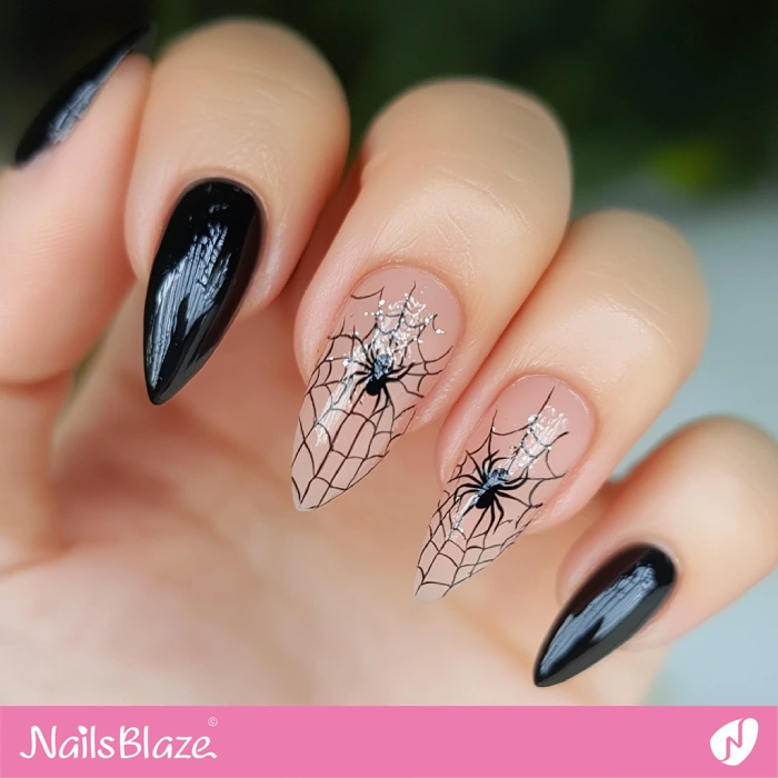 Black Nails with Spider Accents | Halloween Spider Nails - NB5856