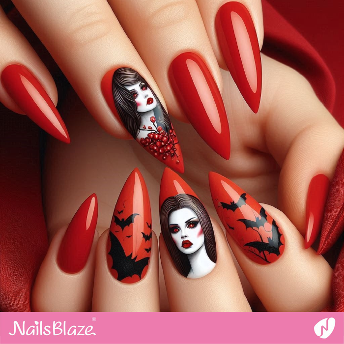 Red Nails with Female Vampire Design | Halloween Vampire Nails - NB5998