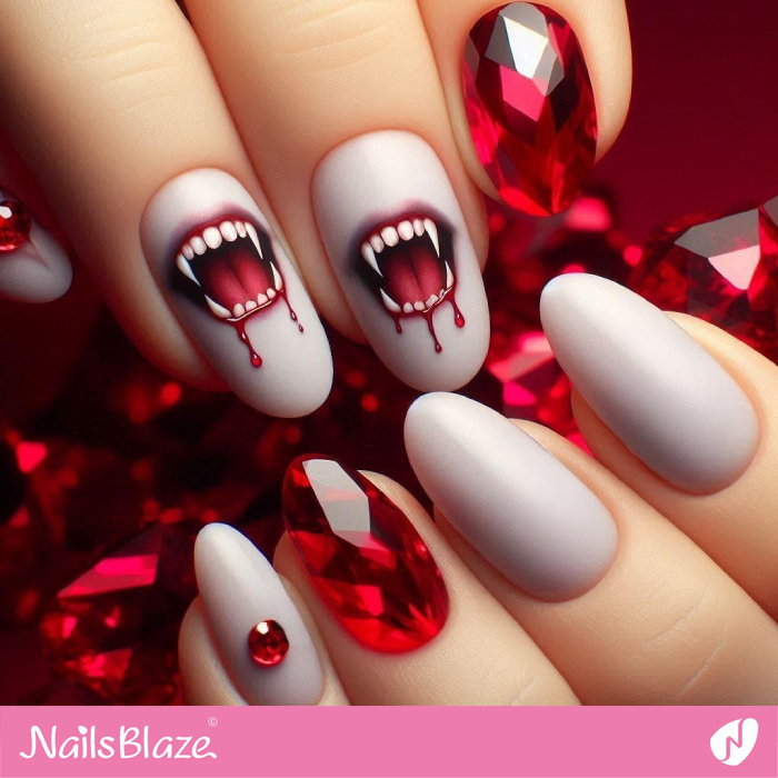 Vampire Fangs with Blood Drips on Nails | Halloween Vampire Nails - NB6001