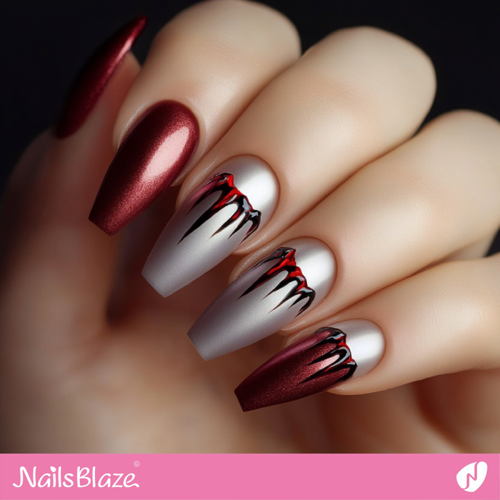 Silver and Red Vampire Coffin Nails | Halloween Vampire Nails - NB6007