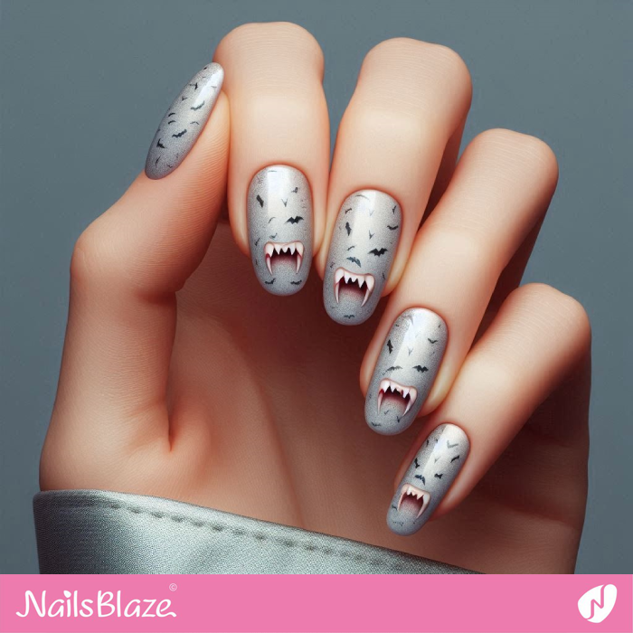 Bat Pattern Nails with Vampire Fangs | Halloween Vampire Nails - NB6010