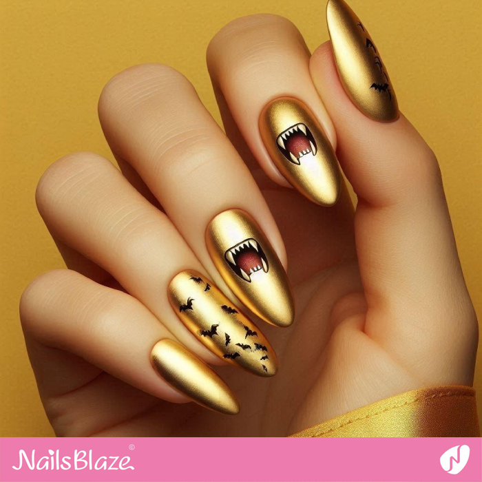 Vampire Teeth Design on Gold Nails | Halloween Vampire Nails - NB6011