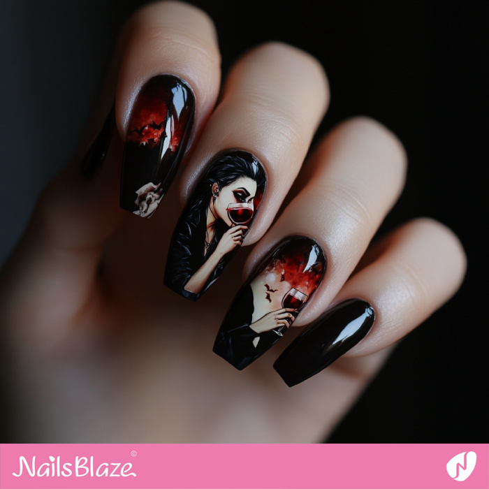 Female Vampire Drinking Blood Nails Design | Halloween Vampire Nails - NB6012